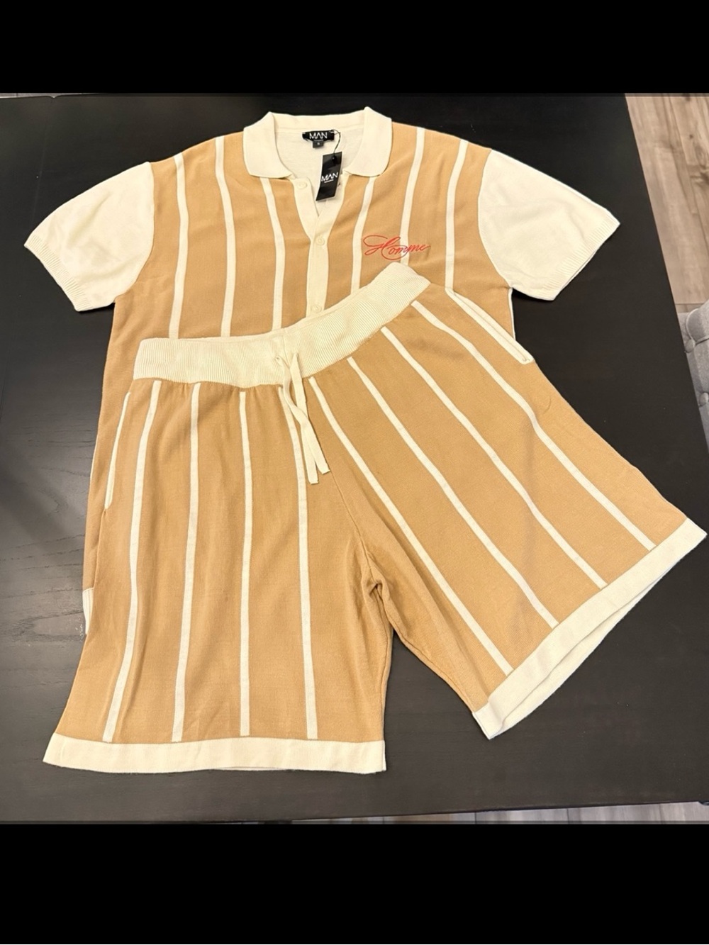 BoohooMAN Knit Polo & Shorts Matching Set Tan Cream Striped NWT